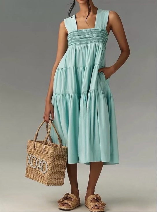 Anthropologie Dresses & Skirts - Anthropologie Seafoam Tiered Midi Dress with Smocked Bodice
